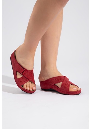 Roy Jones Kadın Ortopedik Çapraz Cırtlı Ayarlanabilir Üst Detay Konfor Modeli Günlük Terlik Yumuşak Kırmızı