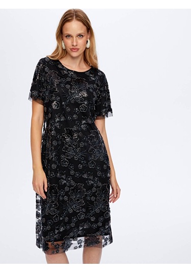 Boncuk Ve Payet İşli Çiçek Desenli Kısa Kollu Abiye Elbise W26aby008 Uw26aby00810 Siyah