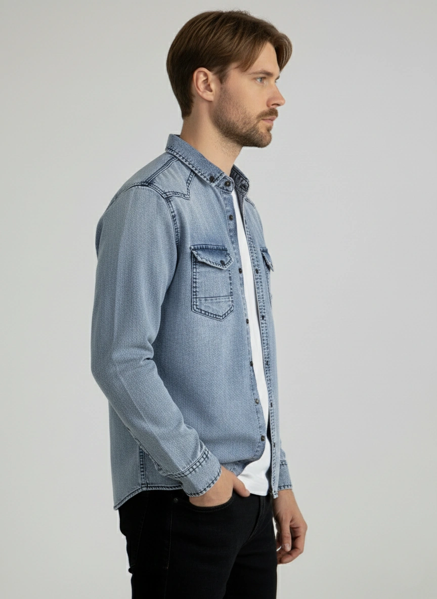 Erkek Gömlek Slim Fit Yıklamalı Kot Gömlek Mavi