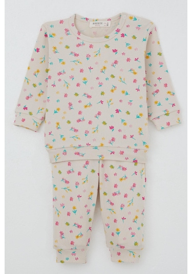 Breeze Kız Bebek Pijama Takımı Omuzdan Patlı Renkli Çiçek Desenli 4 Ay-1 Yaş, Krem Krem