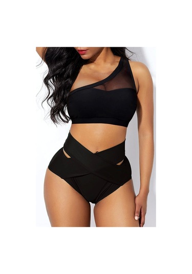 Kadın Siyah Yüksel Bel Tül Detaylı Sütyen Külot Takımı Siyah