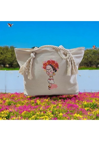 Bır Kadın Nakışlı Bez Çanta Naturel Ten