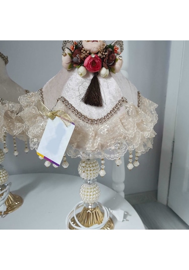 İki Adet Özel Çiçek Dekorlu Vizon Abajur Kahverengi