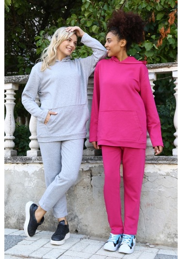 Akbeniz Kadın Pamuk Kapşonlu Cepli 3 İplik Fuşya Eşofman Takım 9037-fuşya Fuşya