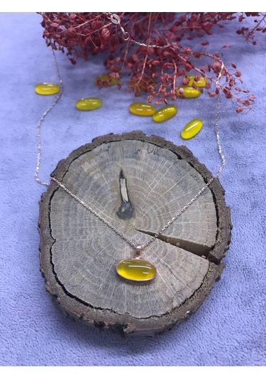 Sarı Akik Taşlı Gümüş Kolye 925 Ayar Doğal Taş