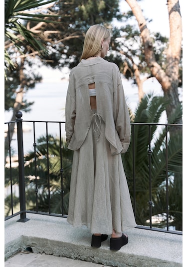 Calynn Sırt Dekolteli Çizgili Haki Keten Gömlek Haki