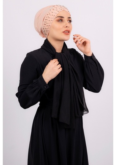 Somon Pratik Hazır Geçmeli Tesettür Bone Sandy Kumaş Taşlı 1456_3 Somon