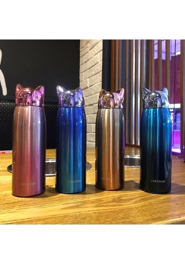 Novahub 300ml Paslanmaz Kedi Kulaklı Seyahat Kupası - Kahve, Çay, Süt - Altın Renk Altın