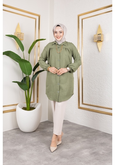 Önü Büzgülü Bilek Lastikli Tunik - Yeşil / Ü104 Yeşil