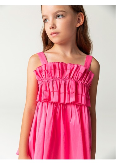 Sheshe Fırfır Göğüs Detaylı Pembe Askılı Kız Çocuk Elbise Renkli