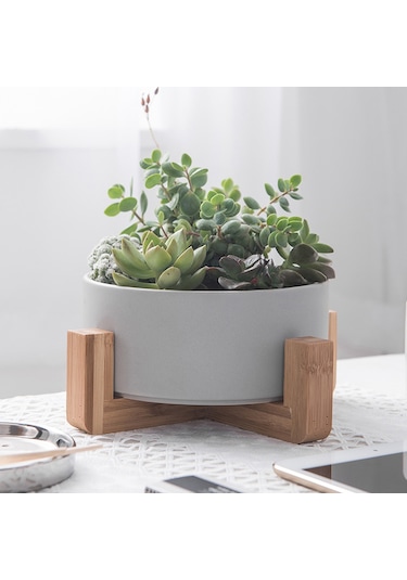 Neevoyu Orta Boy Beyaz Mat Seramik Bitki Saksısı - Bambu Ayağa Sahip, Su Altı Bitkileri İçin, Deliksiz Taban