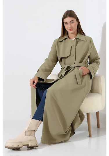 Amazon Keten Kumaş Uzun Boy Düğmeli Astarlı Yumuşak Dokulu Trenç Kot Mint Yeşil Mint Yeşili