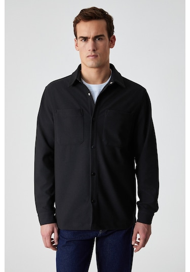 Jakarı Erkek Regular Fit Standart Kesim Klasik Yaka Desenli Çıtçıtlı Siyah Gömlek