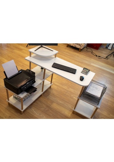 Çalışma Masası 5 Raflı Ahşap Ayaklı Dekoratif Modern Bilgisayar Ofis Masası - Beyaz - Köşe