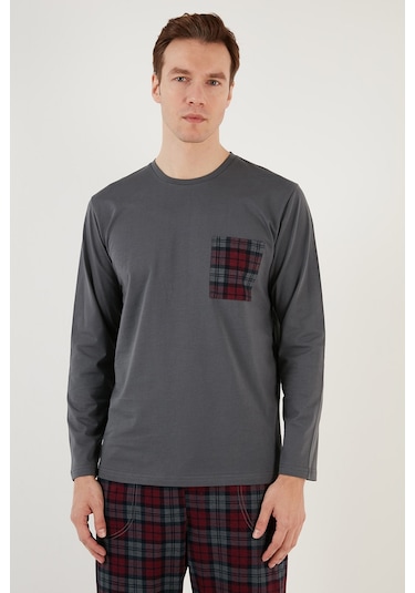 Buratti Ekoseli Cepli Beli Lastikli % 100 Pamuk Regular Fit Erkek Pijama Takımı 6572001 Antrasit