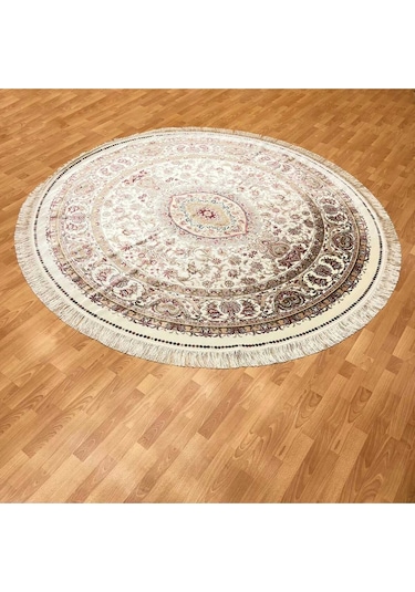 Çiçek Motifli 250 X 250 Yuvarlak İpek Halı Bej