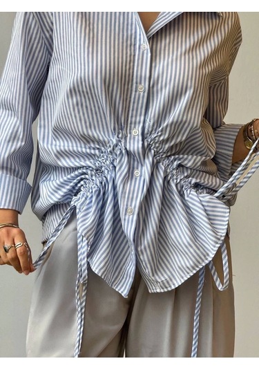 Önü Büzgü Detaylı Çizgili Gömlek Mavi