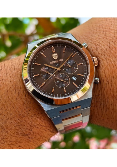 Raymond Star Serisi Kahverengi Kadran Çelik Erkek Kol Saati Gümüş - Rose Gold