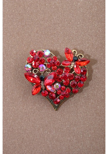 Kelebekli Kalp Broş. Kırmızı Yakut Taşlı Kelebekli Kalp Yaka İğnesi Broş. Kadın Kalpli Kelebek Broş Çok Renkli