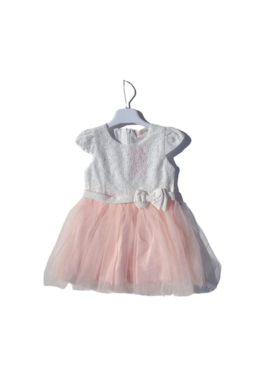 Kız Çocuk Güpürlü Tüllü Fiyonklu Tütü Elbise-12658-pudra Pudra