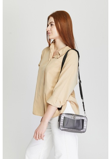 Morpelikan Gri Kroko İki Bölmeli Kadın Omuz Çantası Gri