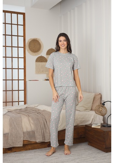 Kadın Yazlık Kısa Kol Penye Süprem Kumaş Pijama Takımı Haki Kalpli