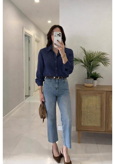 Lijuri Siyah Oversize Keten Gömlek 3510 Lacivert