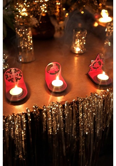 1 Fark - Yılbaşı Temalı Mumluklar - 3'lü Set - Kırmızı