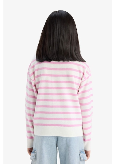 Defacto Kız Çocuk Standart Fit Bisiklet Yaka Çizgili Kazak C6903a825aupn444 Pembe