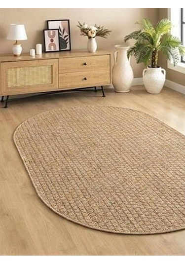 Sisal Jut Hasır OVAL Model Tek Renk Dokuma Yıkanabilir Toz Vermez Halı Krem Bej
