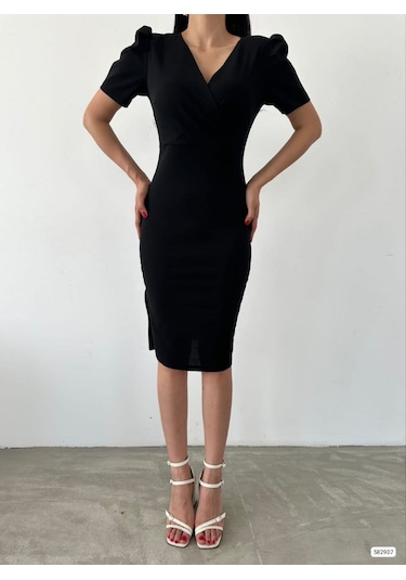 Soonaksesuar Kadın Kruvaze Yaka Yandan Yırtmaç Detaylı Scuba Krep Kumaş Midi Boy Elbise Siyah