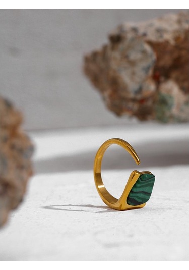 Eetit Paslanmaz Çelik Yeşil Doğal Taş Kadın Açık Yüzük Yeşil