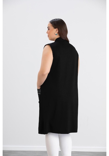 Wearon Kadın Ajda 2 İp Kristal Süs Deri Ve Taşlı Cepli Siyah Yelek Siyah