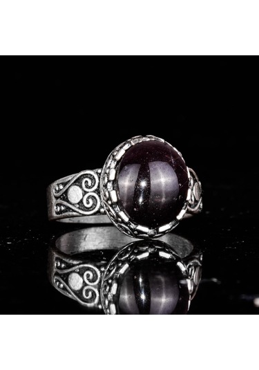 925 Ayar Gümüş Erkek Yüzük - Doğal Yıldız Granat Taşı İle El Yapımı Kalp Deseni Gümüş