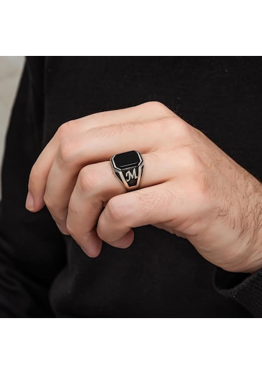 Harfli Oniks Taşlı 925 Gümüş Erkek Yüzük Beyaz