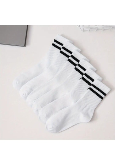 Unisex 5 Çift Premium Kalite Yüksek Pamuklu Kolej Çorap Beyaz