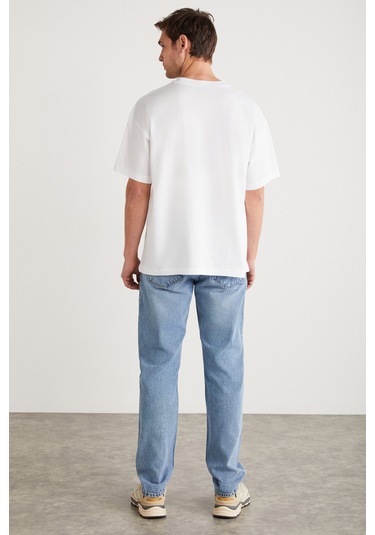 Antonıo  Erkek Baskı Detaylı %100 Organik Pamuk Örme Oversize Beyaz T-shirt