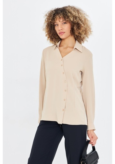Asimetrik Pile Detay Gömlek Bej Bej