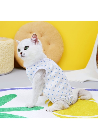 Hangfox Kedi Cerrahi Sonrası Giysi - Doğum Sonrası Kıyafet, Yalama Engeli, Sağlam Malzeme, Mavi Dört Yapraklı Çiçek Desenli