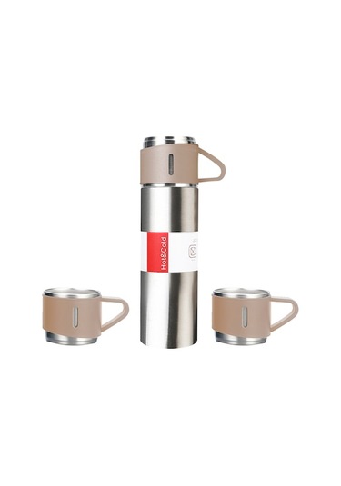 Ranyeek 304 Çelik Isı Saklama Termosu Seti 500ml - Dış Mekan, Araba, Kamp İçin Isı/sıcaklık Koruma, 3 Bardaklı Taşınabilir Matara Ekru Ekru