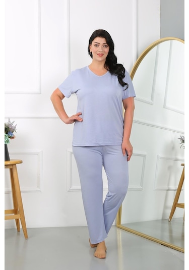 Akbeniz Kadın Büyük Beden Kısa Kol Penye Pijama Takımı Lila 202405-lila Lila