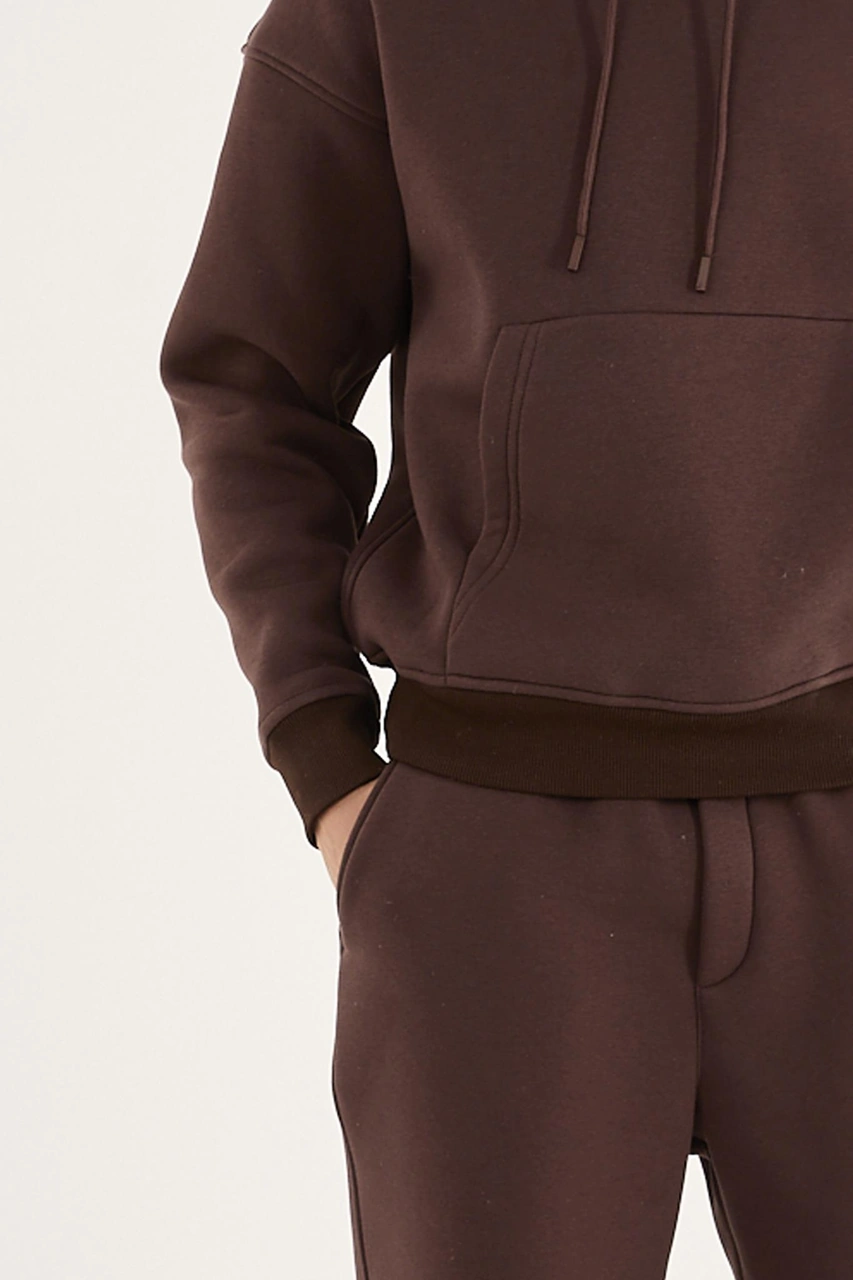 Q-4008 Kapüşonlu Üç İp Şardonlu Sweat Kahverengi