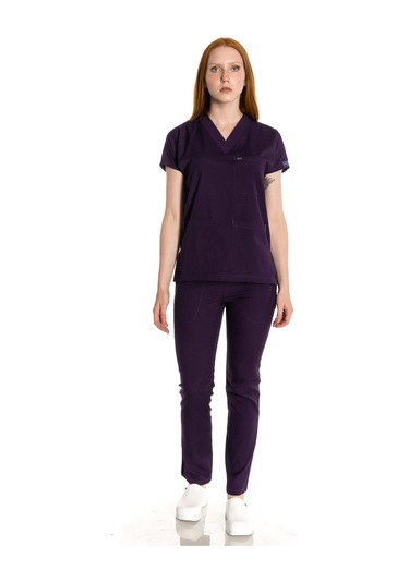 Unisex Likralı Mürdüm Renkli Scrubs