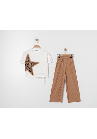 Kız Çocuk Mıu Taşlı İkili Dokuma Takım 7276 Bej