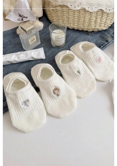 Kadın 5 Çift Premium Fiyonk Çiçek Ve Kalp Desenli Babet Çorap Seker Beyazı ASORTİ