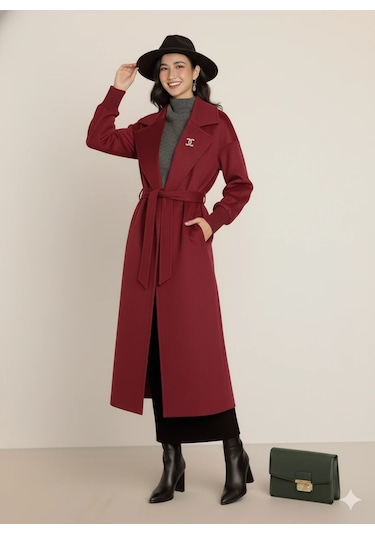 Kadın Siyah Kaşe Uzun Kaban Maksi Boy Palto Geniş Yakalı Düz Kesim Kışlık Bordo