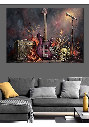 Kurukafa Ve Elektro Gitar Rock Dekoratif Kanvas - Mdf Ahşap Tablo