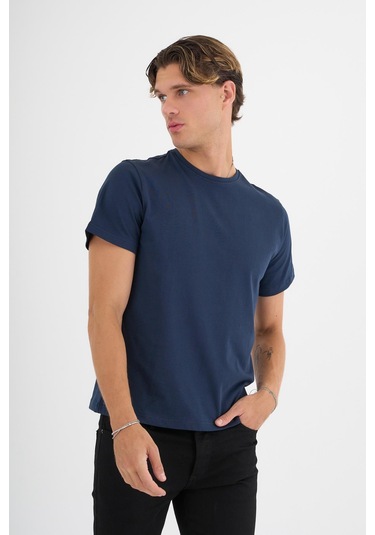 Erkek Lacivert %100 Pamuklu Standart Kalıp T-shirt Siyah