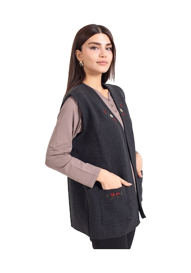 Kadın Orta Yaş Ve Üzeri Triko Örgü Düğmesiz Kanaviçe Desen Nakışlı Anne Yelek 310-siyah-füme Çok Renkli