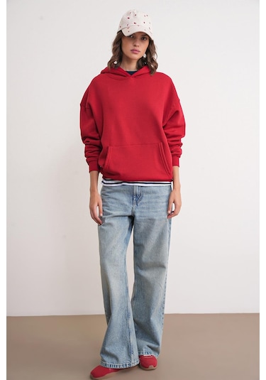 Mixray 2022 Unisex 3iplik Basic Polarlı Kapüşonlu Sweatshirt Hoodie Kırmızı Kırmızı